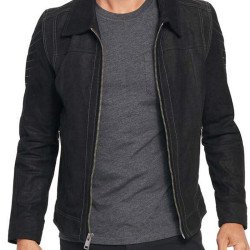 Men's Suede Black Leather Hooded Jacket