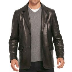 Men's Two Button Smooth Black Leather Blazer