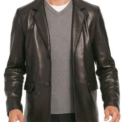 Men's Two Button Smooth Black Leather Blazer