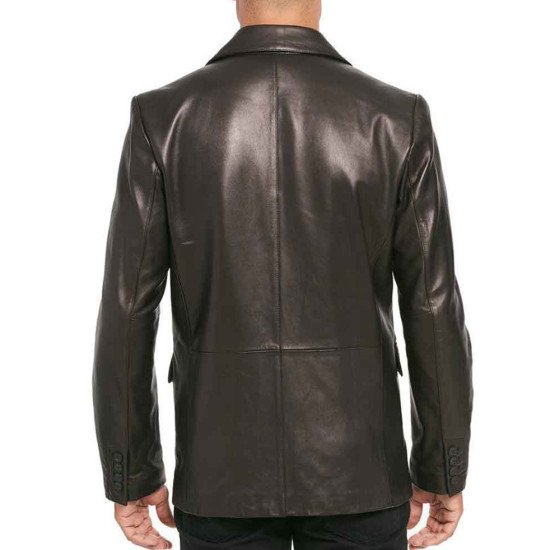 Men's Two Button Smooth Black Leather Blazer