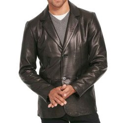 Men's Two Button Smooth Black Leather Blazer