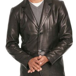 Men's Two Button Smooth Black Leather Blazer