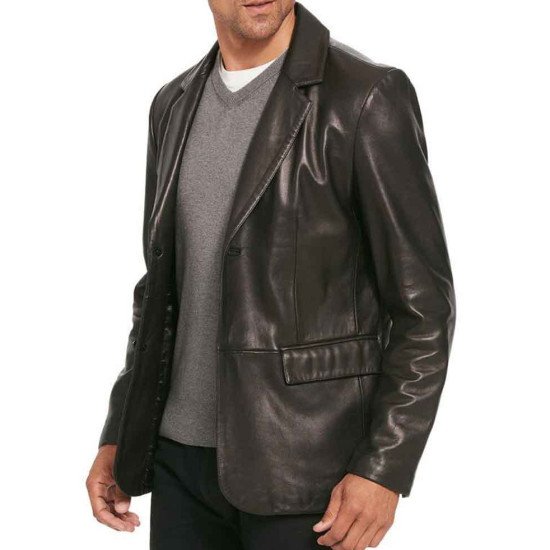 Men's Two Button Smooth Black Leather Blazer