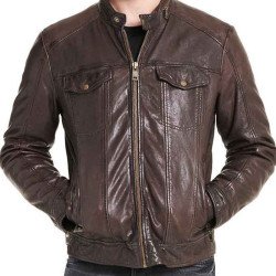 Men's Two Flap Pockets Snap Tab Collar Brown Leather Jacket