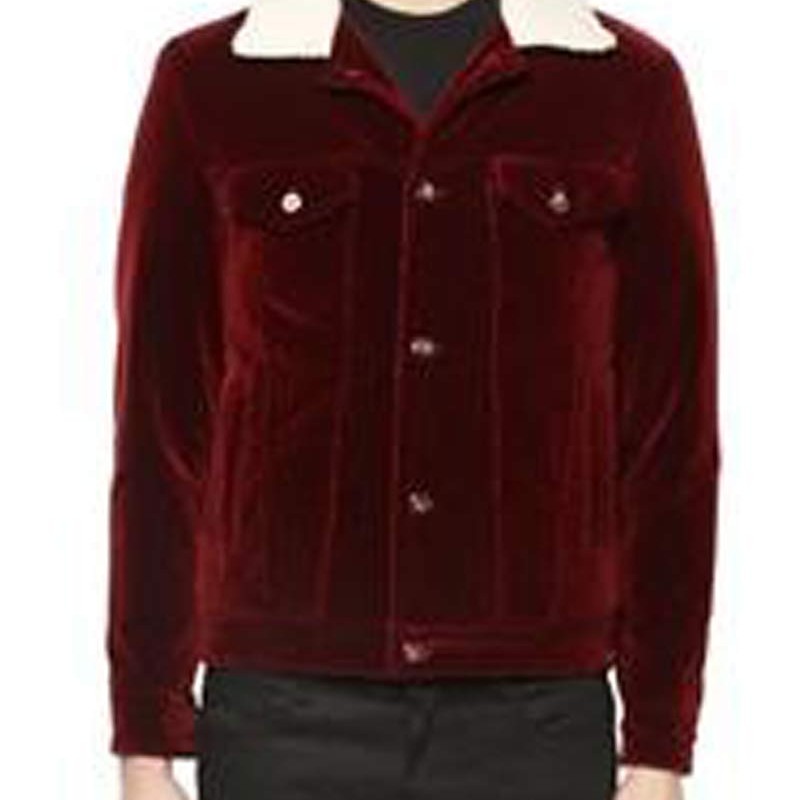 Men's Velvet Red Jacket with Faux Fur Collar