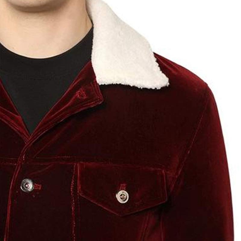 Men's Velvet Red Jacket with Faux Fur Collar