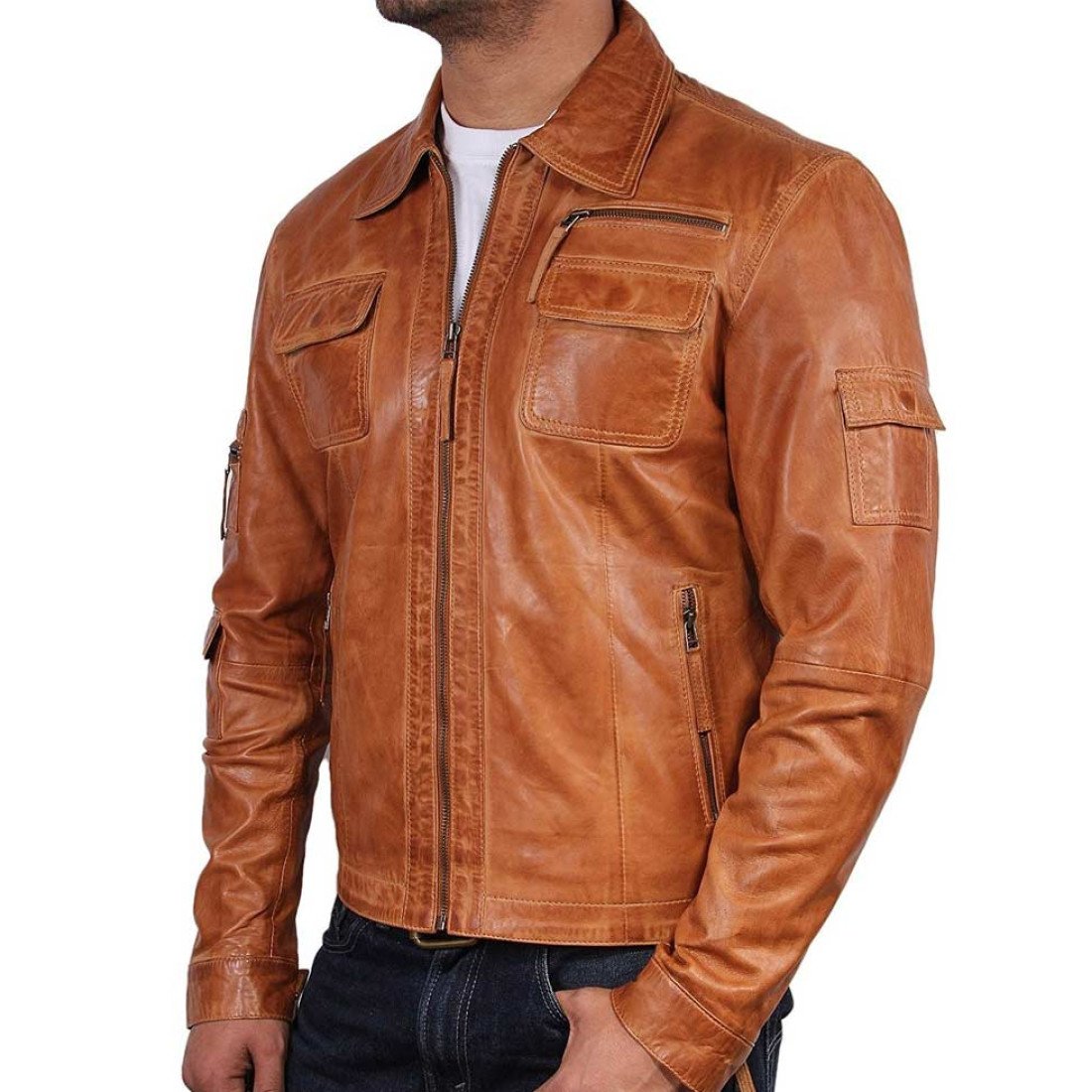 Men's Vintage Real Tan Brown Leather Jacket - Films Jackets