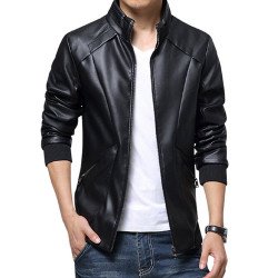 Men's Simple Look Waist Pockets Black Leather Jacket