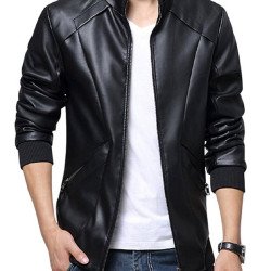 Men's Simple Look Waist Pockets Black Leather Jacket