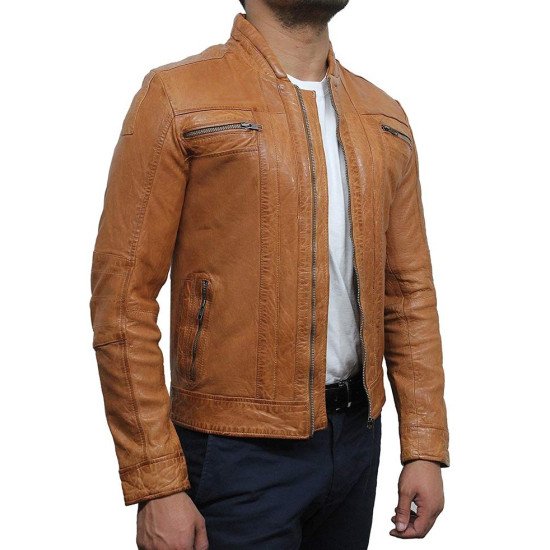 Men's Motorcycle Tan Brown Washed Leather Jacket