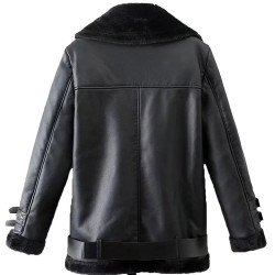 Men's Winter Shearling WFJ012 Belted Black Leather Jacket