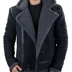 Men's Winter WFJ013 Grey Shearling Black Leather Jacket