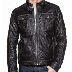 Men's Mandarin Collar White Stitched Leather Jacket