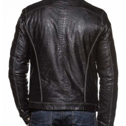 Men's Mandarin Collar White Stitched Leather Jacket