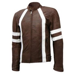 Men's Cafe Racer White Striped Brown Leather Jacket