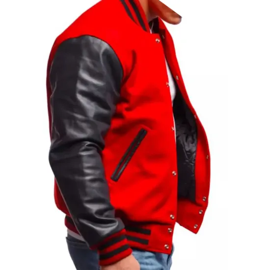 Men's Varsity Black Leather and Wool Red Jacket