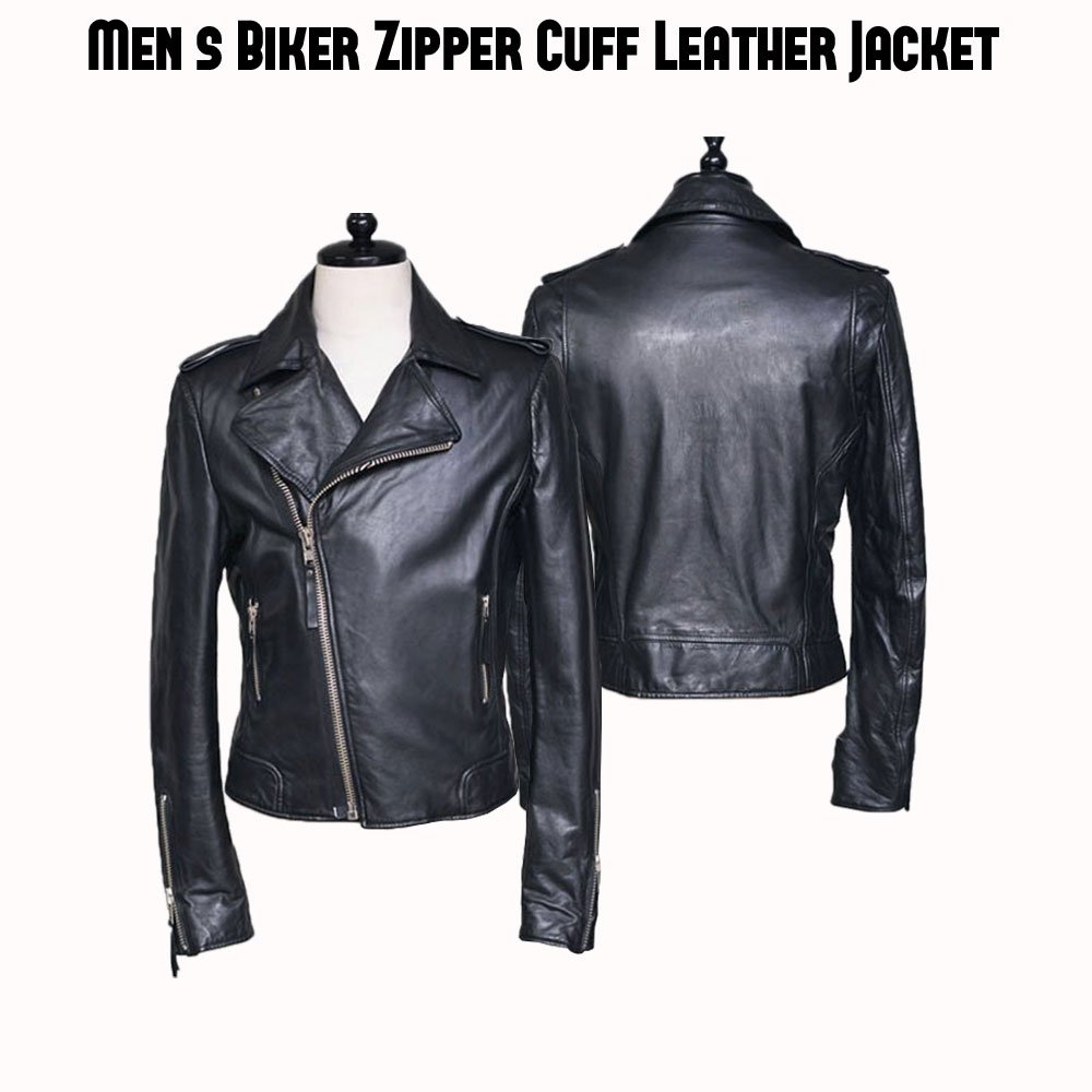 Men's Zipper Cuff Biker Asymmetrical Black Leather Jacket - Films Jackets