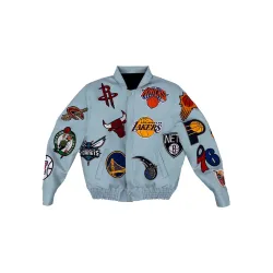 NBA Team Collage Jeff Hamilton Baby Blue Leather Jacket