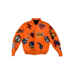 NBA Team Collage Jeff Hamilton Orange Leather Jacket