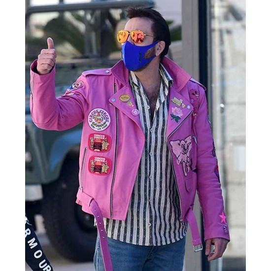 Biker Nicolas Cage Pink Leather Jacket with Patches