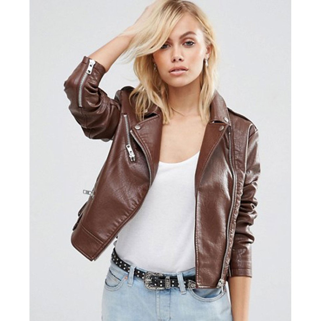 Pembroke Brown Leather Biker Jacket Womens - Films Jackets