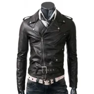 Men's Asymmetrical Zipper Biker Style Black Leather Jacket