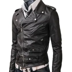 Men's Asymmetrical Zipper Biker Style Black Leather Jacket