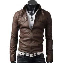 Men's Belted Buckle Collar Slim Fit Brown Leather Jacket