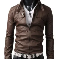 Men's Belted Buckle Collar Slim Fit Brown Leather Jacket