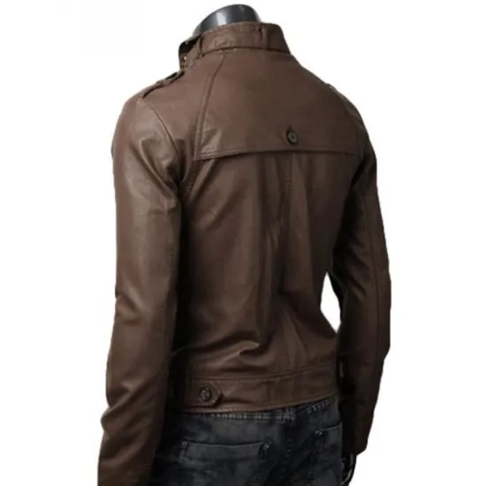 Men's Belted Buckle Collar Slim Fit Brown Leather Jacket