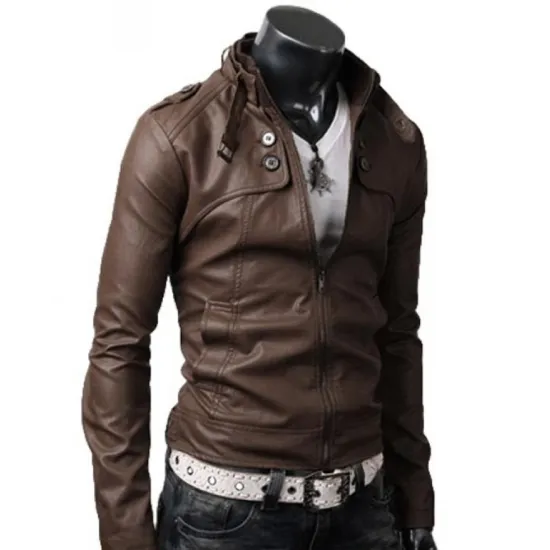 Men's Belted Buckle Collar Slim Fit Brown Leather Jacket