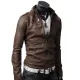 Men's Belted Buckle Collar Slim Fit Brown Leather Jacket