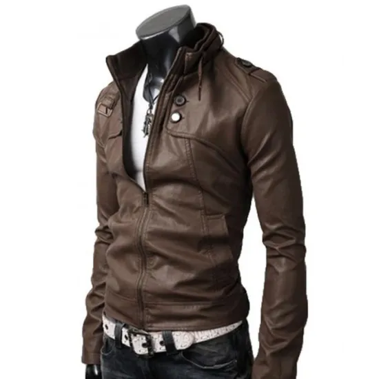 Men's Belted Buckle Collar Slim Fit Brown Leather Jacket