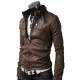 Men's Belted Buckle Collar Slim Fit Brown Leather Jacket