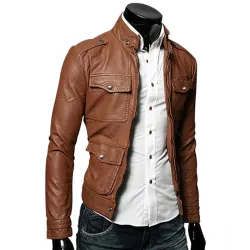 Men's Bomber Style Slim Fit Tan Brown Faux Leather Jacket