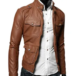 Men's Bomber Style Slim Fit Tan Brown Faux Leather Jacket