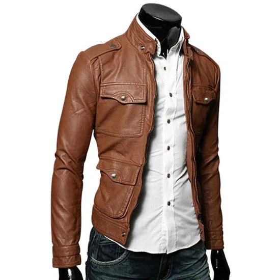 Men's Bomber Style Slim Fit Tan Brown Faux Leather Jacket