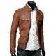 Men's Bomber Style Slim Fit Tan Brown Faux Leather Jacket