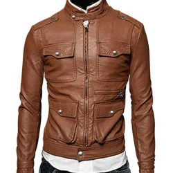 Men's Bomber Style Slim Fit Tan Brown Faux Leather Jacket