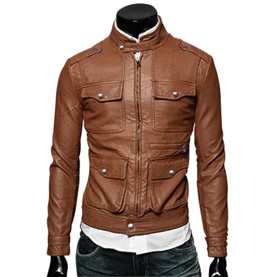 Men's Bomber Style Slim Fit Tan Brown Faux Leather Jacket