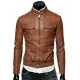 Men's Bomber Style Slim Fit Tan Brown Faux Leather Jacket