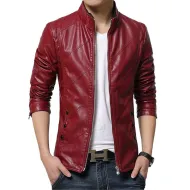 Men's Designer Style Slim Fit Red Faux Leather Jacket