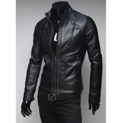 Men's Pockets Design Stand Collar Slim Fit Black Jacket