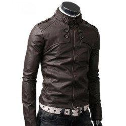 Men's Slim Fit Collar Dark Brown Leather Jacket