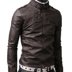 Men's Slim Fit Collar Dark Brown Leather Jacket