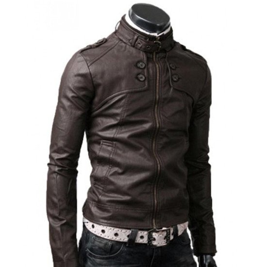 Men's Slim Fit Collar Dark Brown Leather Jacket