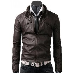 Men's Slim Fit Collar Dark Brown Leather Jacket