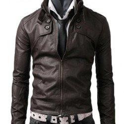 Men's Slim Fit Collar Dark Brown Leather Jacket