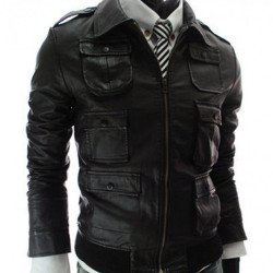 Men's Slim Fit Bomber Style Black Leather Jacket