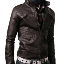 Men's Slim Fit Brown Stand Collar Leather Jacket